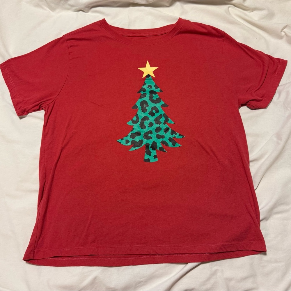 Mighty Fine Red Tee with Leopard Print Christmas Tree